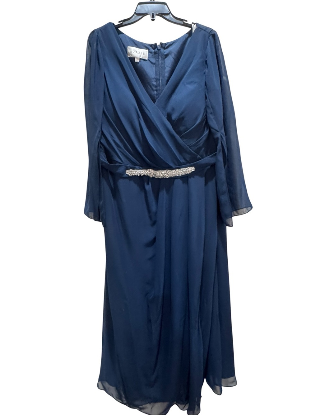 Azazie Navy Long Sleeve Chiffon Wrap Dress with Beaded Waist